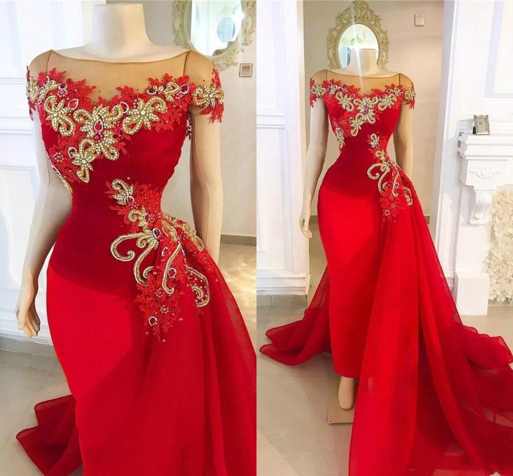 Red Detachable Skirt Prom Dresses 2024 Cap Sleeve Lace Applique Beaded Elegant Luxury Prom Gown 2023 Robe De Soiree