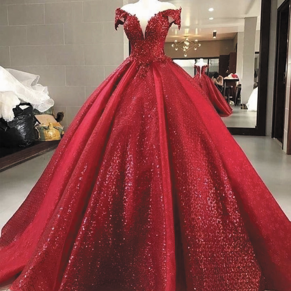 Sparkly Ball Gown Prom Dresses Red Off The Shoulder V Neck Princess ...