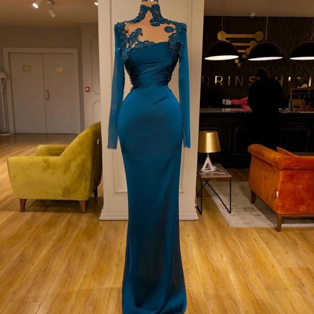 High Neck Modest Evening Dresses 2024 Long Sleeve Lace Applique Beaded Teal Green Elegant Formal Evening Gown 2023