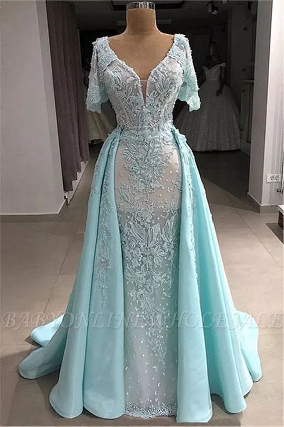 Detachable Skirt Lace Applique Prom Dresses 2023 Short Sleeve Beaded Light Blue Elegant Prom Gown Robe De Soiree 2024