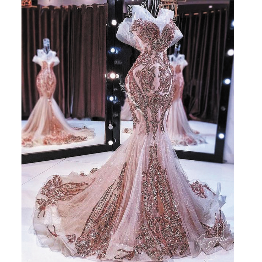 Rose Gold Evening Dresses Long Mermaid Modest Sparkly Sequin Applique Elegant Evening Gown Abendkleider