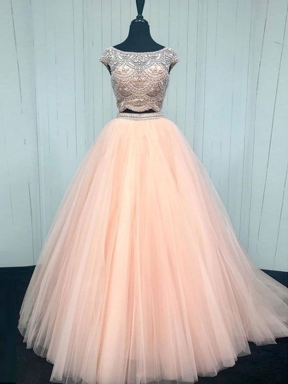 2 Piece Prom Dresses Cap Sleeve Beaded Tulle Elegant Pink Prom Gown Vestidos De Fiesta Robes De Cocktail