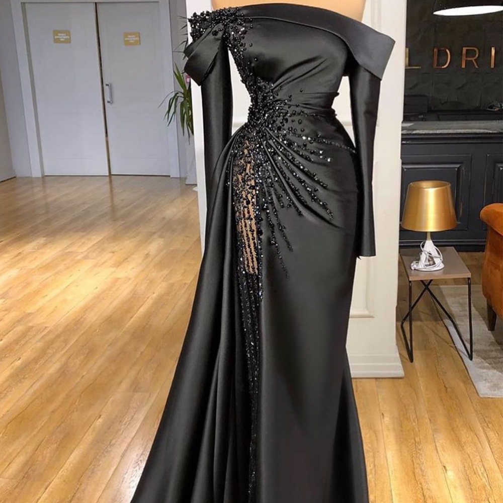 Black Evening Dresses 2023 Long Sleeve Boat Neck Beaded Modest Mermaid Evening Gown Vestido De Longo 2024