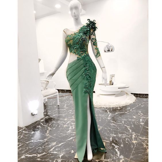 Long Sleeve Green Evening Dresses 2024 Mermaid Lace Applique Modest Elegant Beaded Evening Gown Vestido De Longo 2023