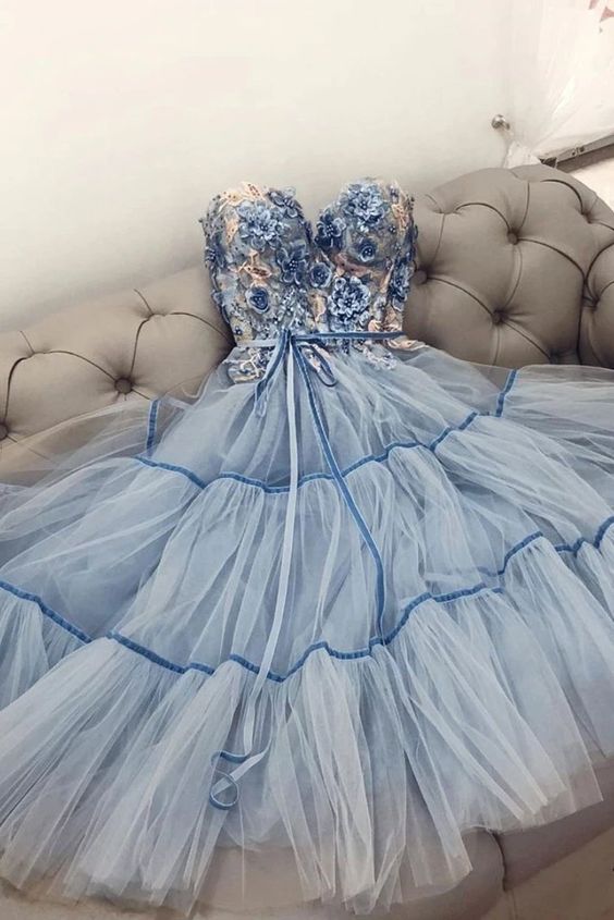 2023 Ethnic One Shoulder Blue Tulle Prom Dress For Girls Elegant