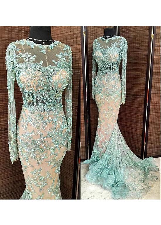 Long Sleeve Blue Evening Dresses 2023 Lace Applique Beaded Mermaid Modest Sexy Formal Evening Gown 2024 Robe De Soiree