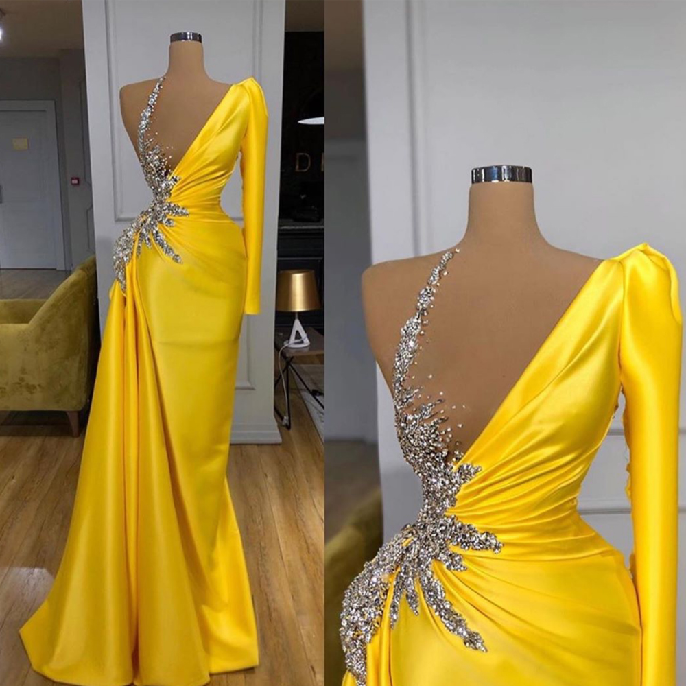 Yellow Prom Dresses 2023 One Shoulder Beaded Sparkly Satin Elegant Luxury 2024 Prom Gown Vestido De Festa