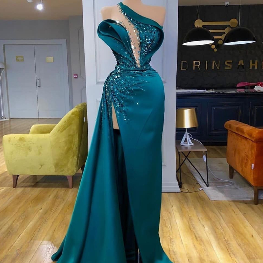 Teal Blue Beaded Evening Dresses Long One Shoulder Crystal Mermaid Modest Satin Elegant Evening Gown 2023 Vestido De Longo 2024