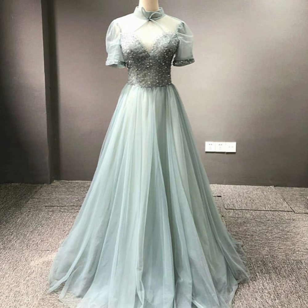 Sage Green Prom Dresses 2024 Long Vintage High Neck Short Sleeve Beaded Chiffon A Line Prom Gown Robe De Soiree 2023