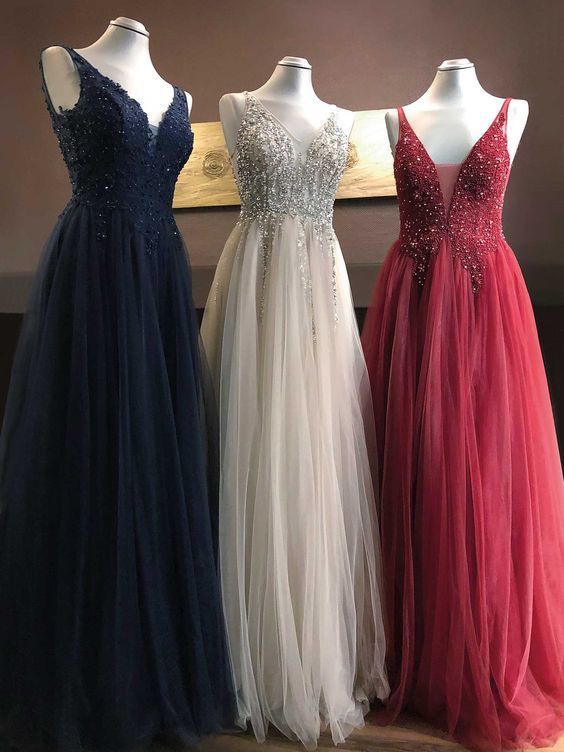 Beaded V Neck Prom Dresses 2024 Long Crystals Tulle A-line Elegant Prom Gown Robe De Soiree 2023
