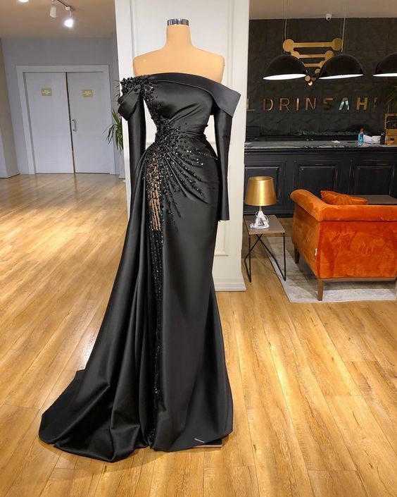 Long Sleeve Black Evening Dresses 2024 Beaded Mermaid Modest Vintage Boat Neck Elegant Evening Gown 2023 Robe De Soiree