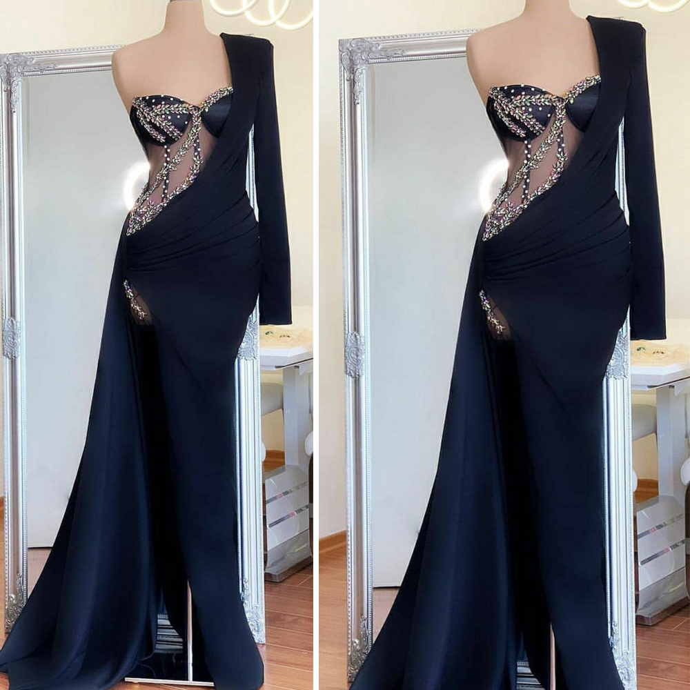 Black Evening Dresses 2024 One Shoulder Vintage Beaded Mermaid Detachable Skirt Modest Evening Gown 2023