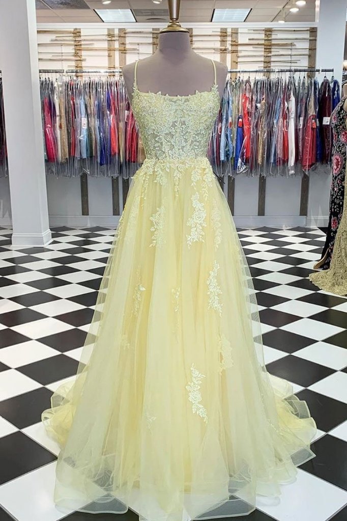 spaghetti strap yellow prom dresses long tulle a line lace applique si –  luckybridal