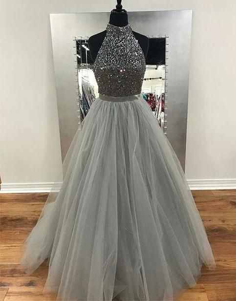 Silver Prom Dresses 2023 High Neck Beaded Sleeveless Tulle 2024 Elegant A Line Prom Gown Vestido De Fiesta Robe De Soiree