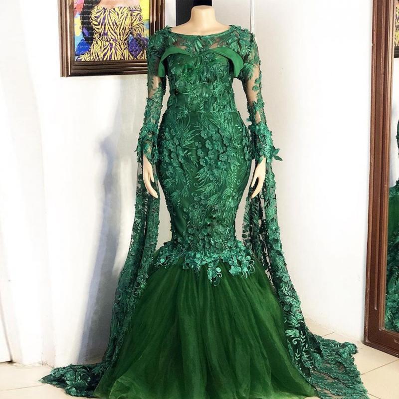 Green Lace Applique Evening Dresses For Women 2023 Vestido De Fiesta 3d Flowers Modest Elegant Dubai Fashion Formal Evening Gowns Custom Make