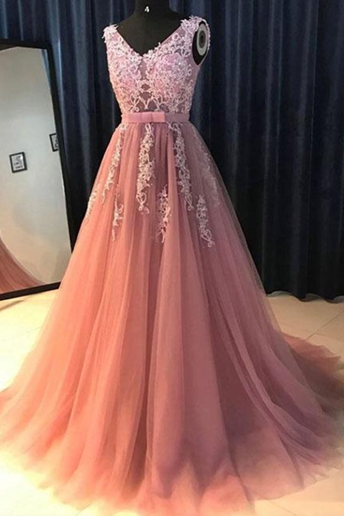 Dusty Pink Lace Applique Prom Dresses Long V Neck Beaded Sleeveless Elegant Simple A Line Prom Gown Robes De Cocktail