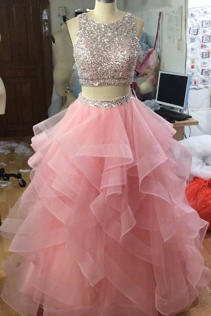 Pink 2 Piece Prom Dresses 2023 Tiered Tulle Sparkly Beaded Elegant Prom Gowns Vestido De Longo 2024