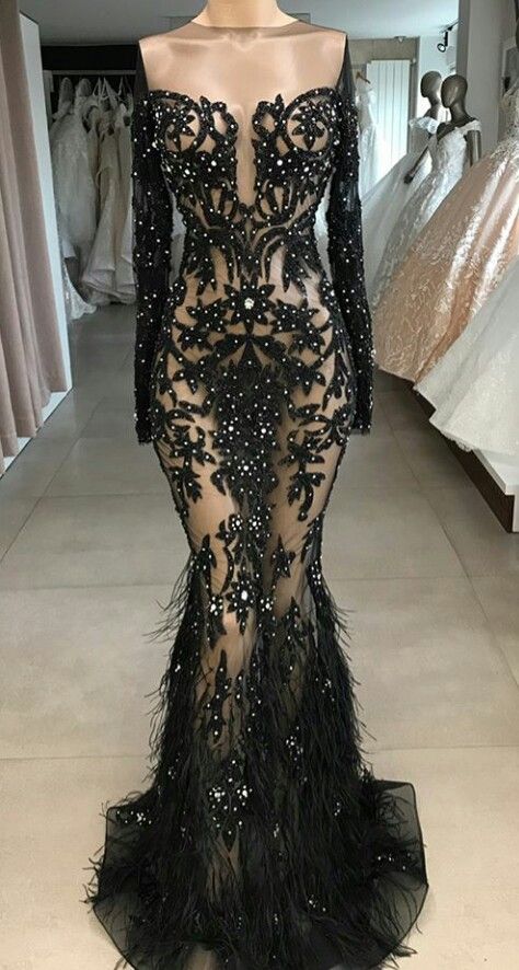 Feather Black Evening Dresses Long Lace Applique Beaded Mermaid Modest Luxury Elegant Formal Wear Vestido De Fiesta