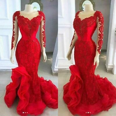 Abendkleider Modest Luxury Red Evening Dresses Long Sleeve V Neck Mermaid Lace Applique Elegant Formal Wear Vestido De Fiesta