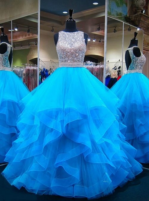 Blue Beaded Prom Dresses Pageant Dresses For Women Crystal Sparkly Luxury Tulle Elegant Sleeveless Prom Gowns Vestido De Longo