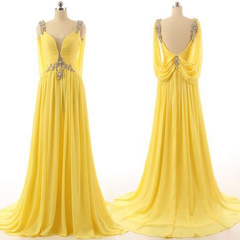 Abendkleider Yellow Prom Dresses Long Chiffon Beaded A Line Sleeveless Elegant Prom Gowns Vestido De Fiesta De Longo