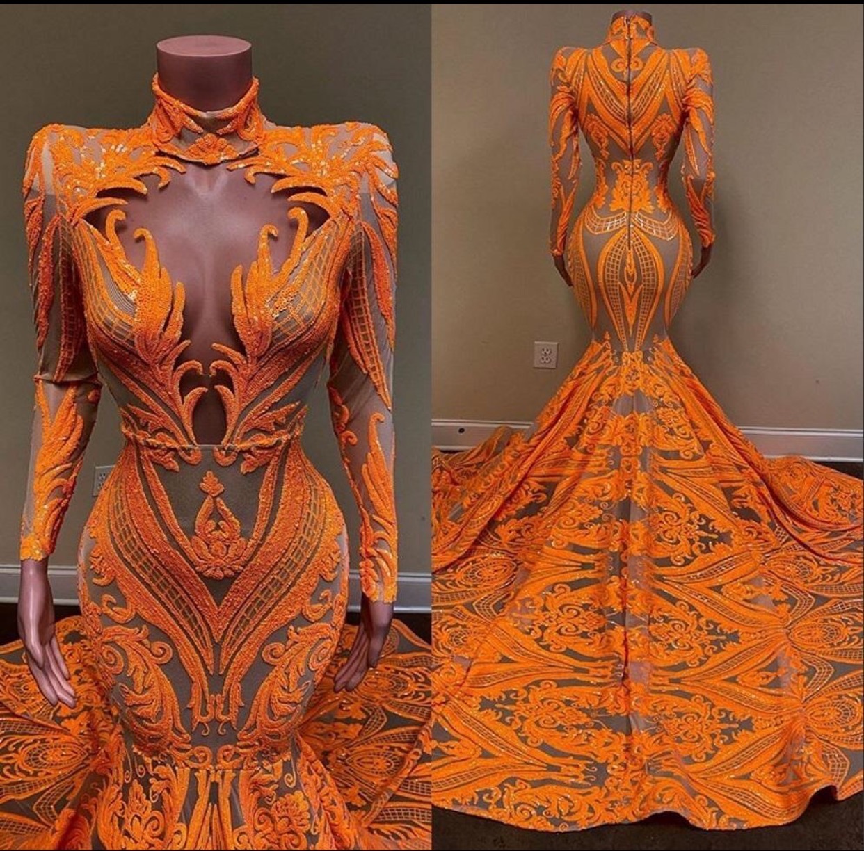 Luxury Lace Applique Evening Dresses Long Sleeve High Neck Modest Sparkly Elegant Orange Formal Wear Vestido De Fiesta