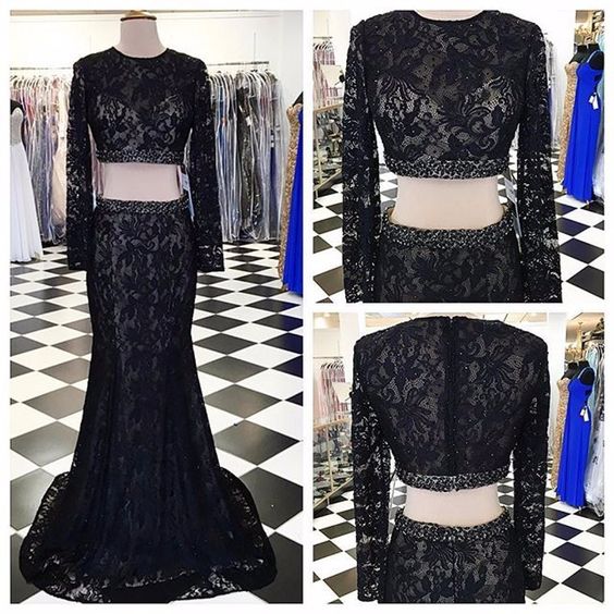 Modest Black Evening Dresses Long Sleeve Lace Applique Beaded 2 Piece Elegant Formal Evening Gown Vestidos De Fiesta