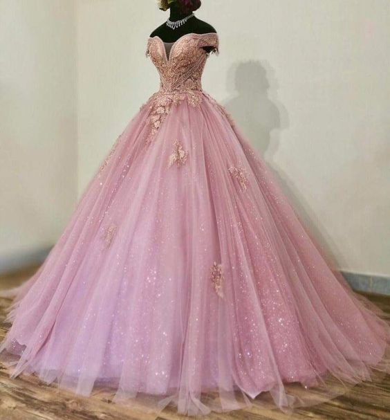 Sparkly Prom Dresses Ball Gown 2023 Vestido De Graduacion Beaded Lace Applique Beaded Elegant Pink Prom Gowns 2024
