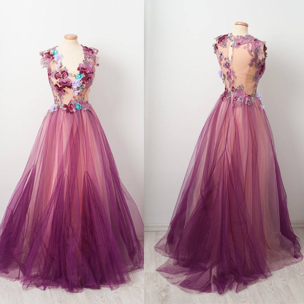3d flowers embrodiery applique prom dresses 2021 purple a line tulle elegant cap sleeve long cheap prom gowns 