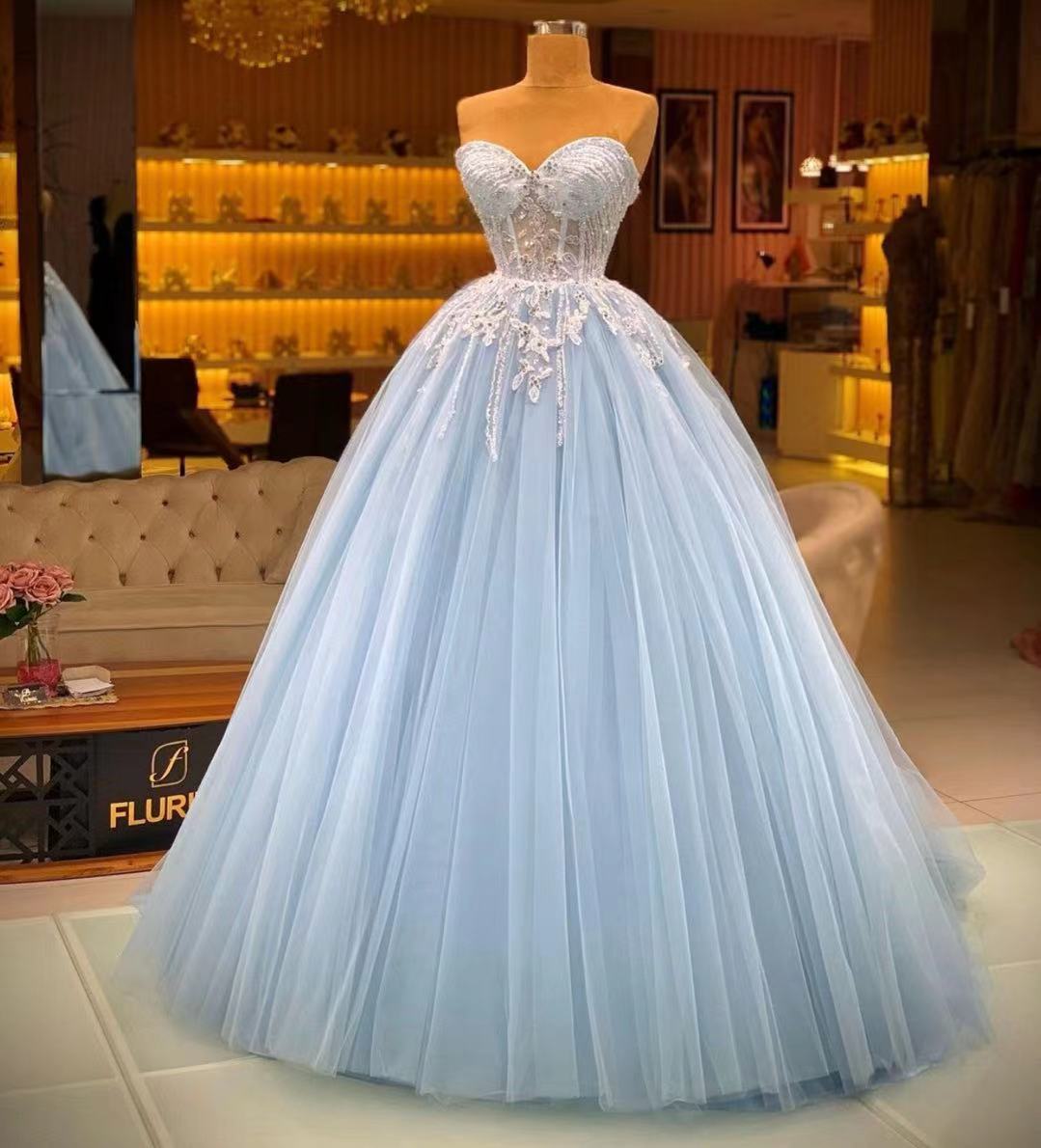 Blue Prom Dresses Ball Gown Sweetheart Neck Lace Applique Beaded Elegant Vintage Prom Gowns 2023 Robe De Soiree 2024