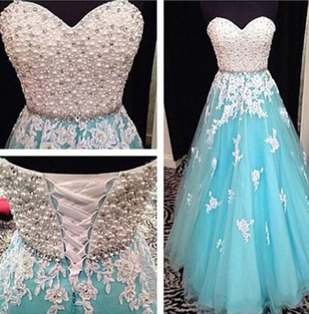 Ice Blue Prom Dresses Long Sweetheart Neck Beaded Peals Lace Applique Elegant Prom Gowns Robe De Soiree