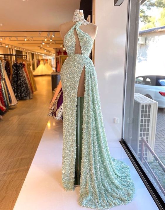 Modest Sparkly Evening Dresses Long Mint Green Lace Applique Luxury Elegant Formal Evening Gown Vestidos De Fiesta De Longo