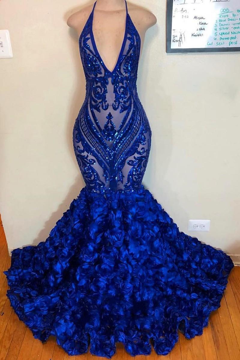Royal Blue Evening Dresses 2023 Long Sparkly Sequin Applique Mermaid Modest Formal Evening Gown Robe De Soiree 2024