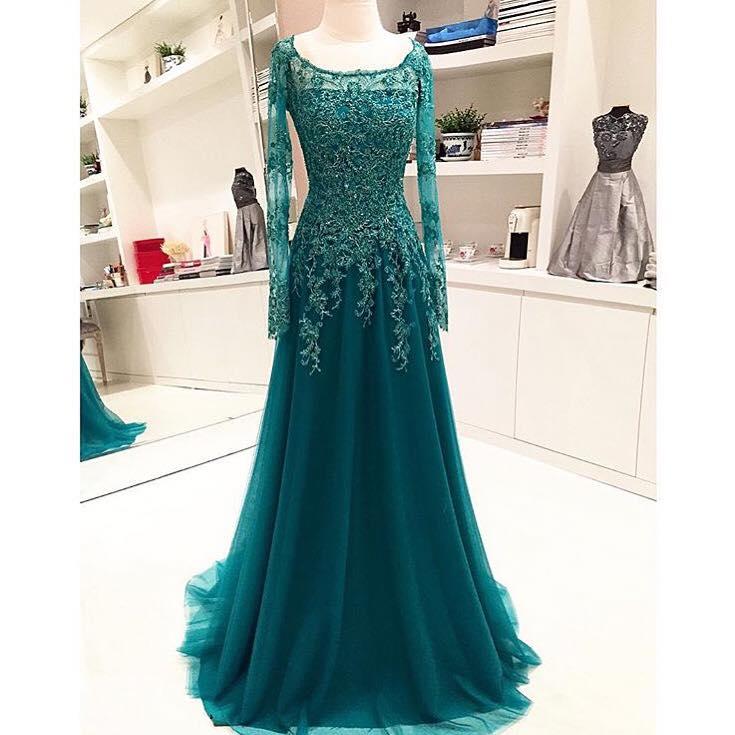 Long Sleeve Prom Dresses Long Beaded Applique Lace Green Elegant Arabic Prom Gowns 2023 Robe De Soiree 2024