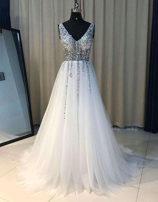 V Neck White Prom Dresses Long Tulle Beaded Sparkly Elegant Simple Prom Gowns Robe De Soiree 2023 Vestidos De Fiesta 2024