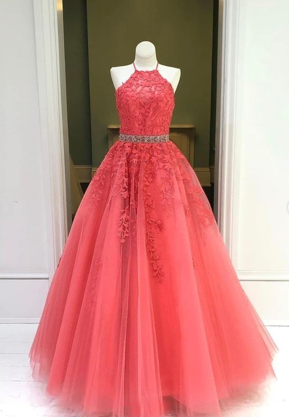 Halter Coral Prom Dresses 2023 Beaded Tulle Elegant Lace Applique Long Prom Gowns 2024 Vestido De Festa De Longo