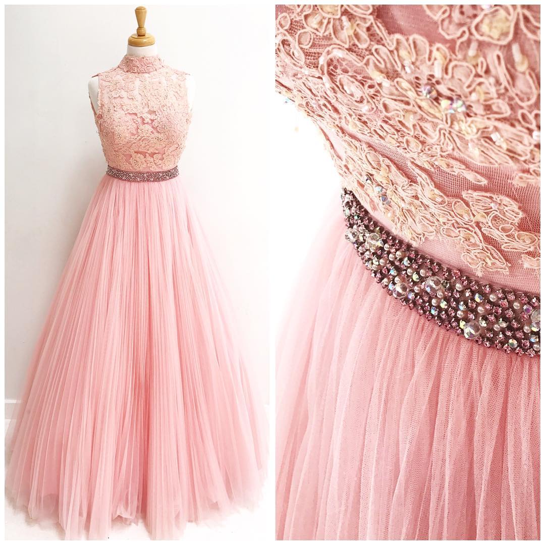 2023 High Neck Dusty Pink Prom Dresses Long Tulle Lace Applique Beaded Elegant A Line Prom Gowns Vestido De Longo De Fiesta 2024