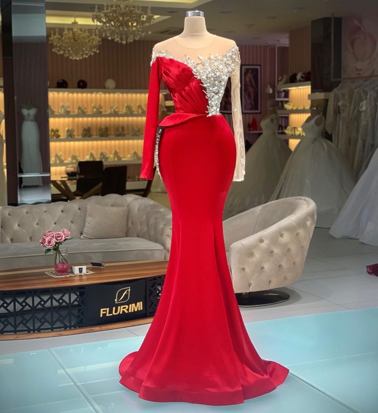 Long Sleeve Red Evening Dresses 2024 Beaded Applique Mermaid Modest Elegant Evening Gown 2023 Vestido De Fiesta De Longo