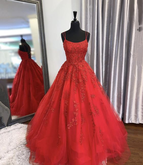 Red Prom Dresses Spaghetti Straps Lace Applique A Line Elegant Prom Gowns Vestido De Longo
