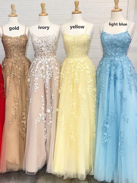 Lace Applique Prom Dresses Blue Elegant Spaghetti Strap A Line Simple Senior Prom Gown Vestido De Longo