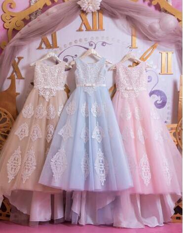Lace Applique Flower Girl Dresses For Weddings Kids Prom Gown Vestido De Novia Elegant Sleeveless Baby Girl Dresses