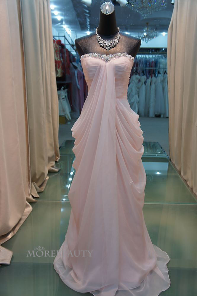 Pink Evening Dresses Long Strapless Beaded Mermaid Elegant Chiffon Formal Evening Gown Vestido De Longo De Fiesta