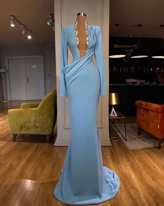 Long Sleeve Modest Evening Dresses 2023 Blue Elegant Lace Applique Beaded Mermaid Formal Party Dresses Vestidos De Fiesta 2024