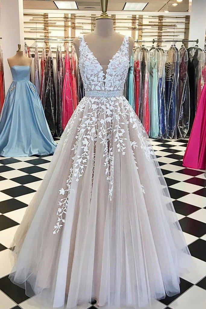 V Neck Sleeveless Prom Dresses 2023 Champagne Lace Applique Beaded Elegant Senior Prom Gowns 2024 Vestido De Fiesta De Longo