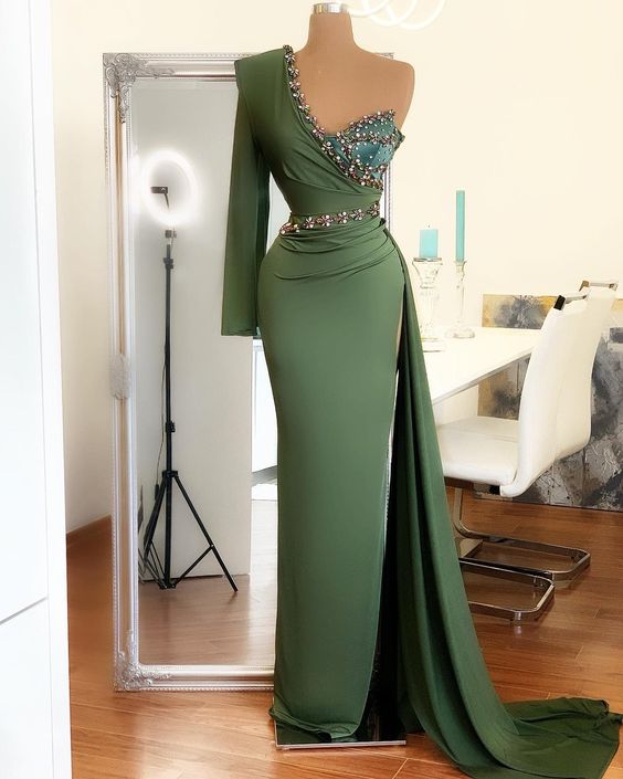 One Shoulder Green Evening Dresses 2023 Sweetheart Neck Beaded Modest Mermaid Elegant Evening Formal Gown Vestidos De Fiesta 2024