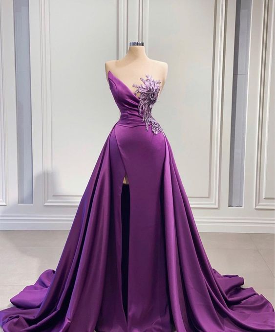 Purple Prom Dresses With Detachable Skirt Lace Applique Modest Elegant Satin 2023 Prom Gowns Robe De Soiree Vestido De Longo 2024
