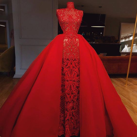 Detachable Skirt High Neck Red Prom Dresses 2022 Lace Applique Beaded Modest Luxury Elegant Prom Gowns Vestido De Longo