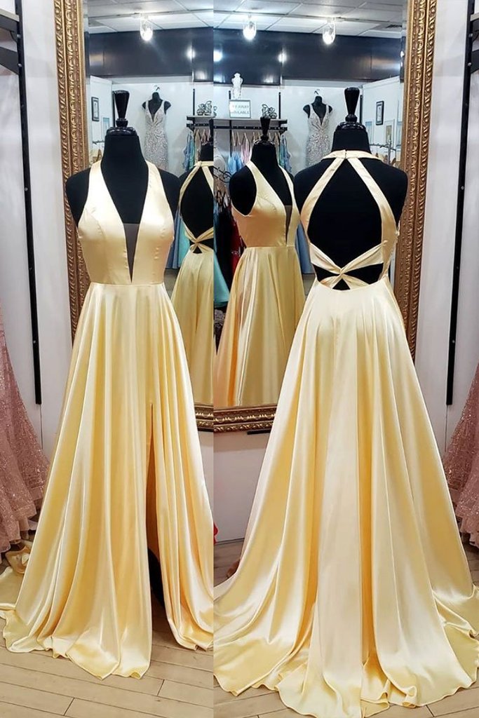 Yellow Prom Dresses 2023 Long Satin Halter A Line Senior Prom Gown Robe De Soiree 2024