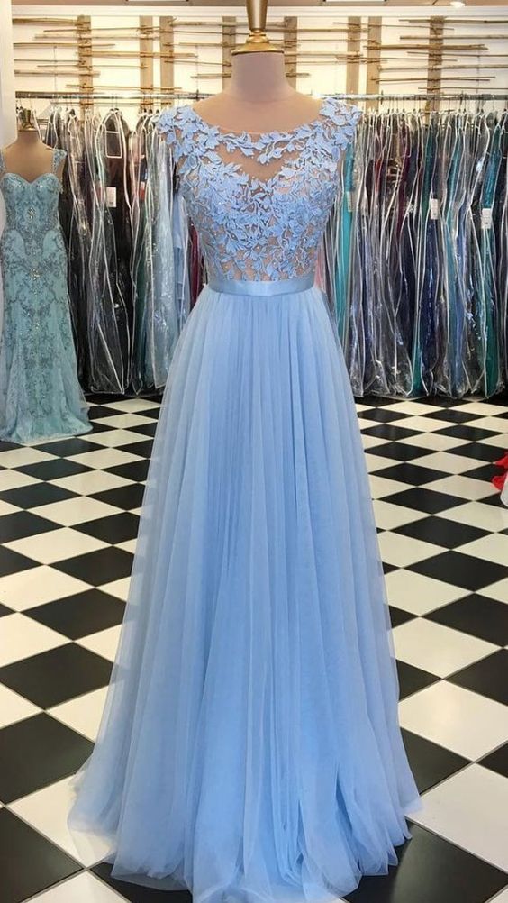 Blue Prom Dresses Long Lace Applique Tulle Cap Sleeve Elegant Prom Gown Robe De Soiree 2024