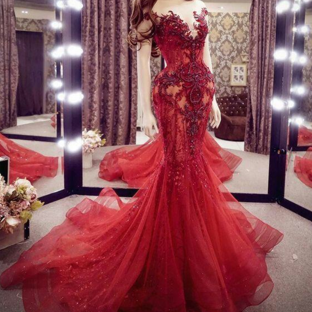 Vestido De Fiesta Red Modest Evening Dresses Long Lace Applique Beaded Mermaid Elegant Luxury Formal Party Dresses
